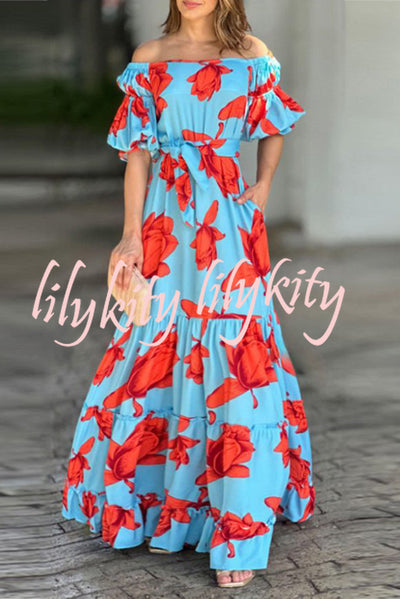 Floral Print Waist Belted Slim Fit Off The Shoulder Maxi Dress