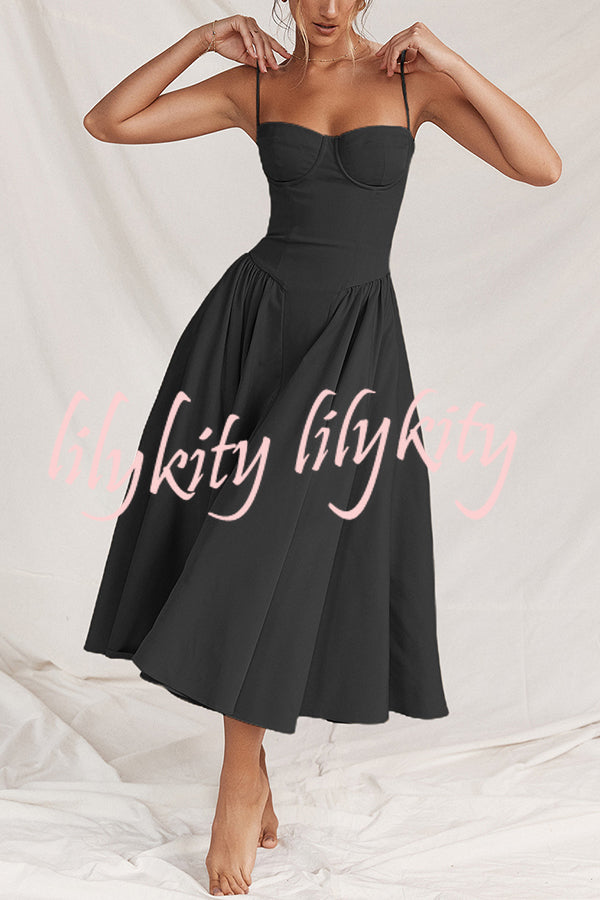 Solid Color Vintage Slim Fit Suspender Pocket Midi Dress