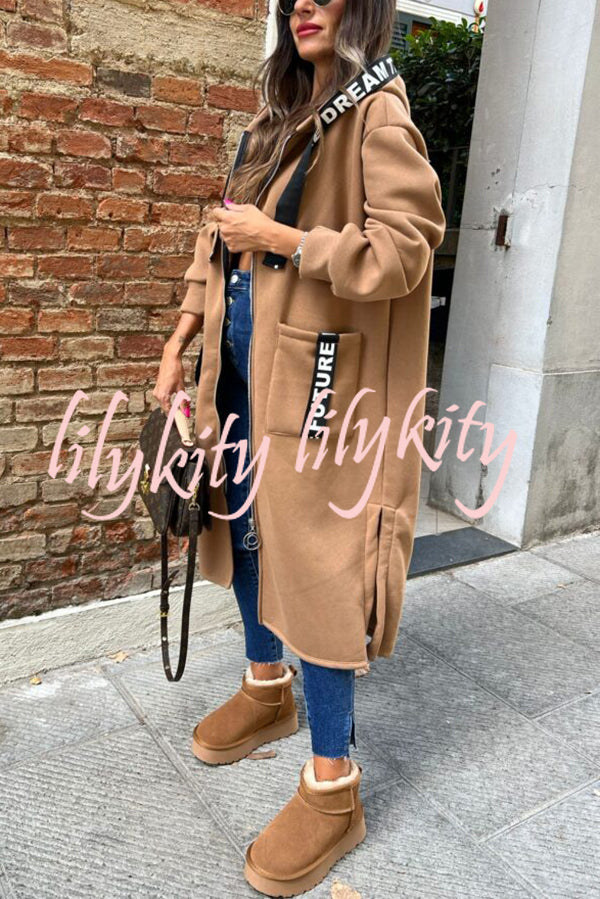 Fashionable and Casual Hooded Zipper Pocket Loose Long Coat