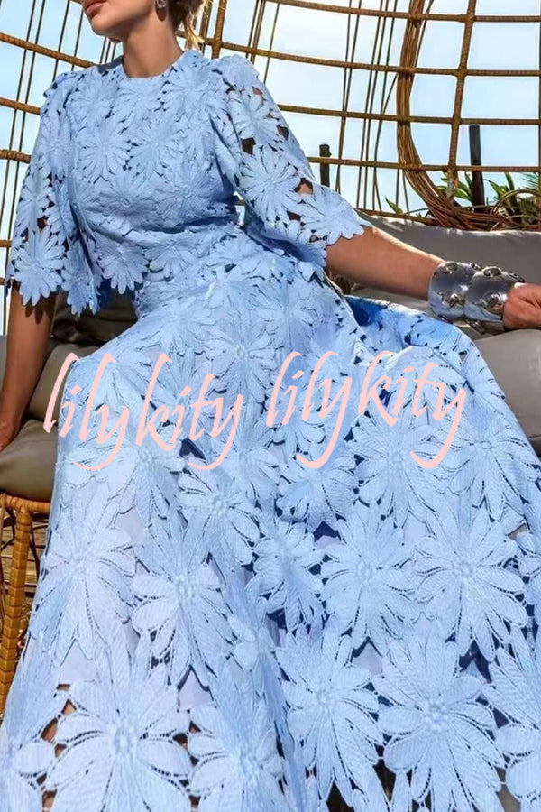 Elegant Embroidered Hollow Flowers Bell Sleeve Top and Full Hem Maxi Skirt Set