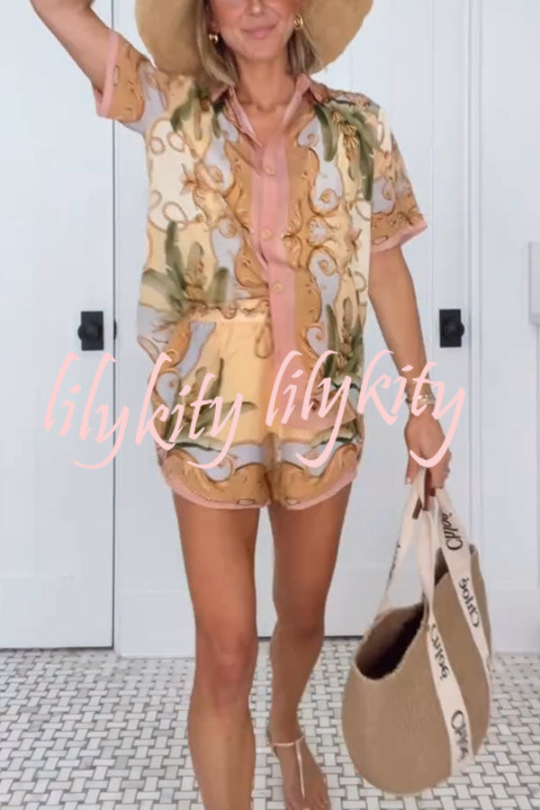 Royalty Unique Print Button Up Short Sleeve Shirt and Elastic Waist Pocketed Loose Shorts Set