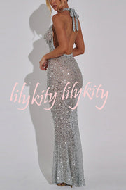 Shine All Night Sheer Sequin Cowl Neck Halter Maxi Dress