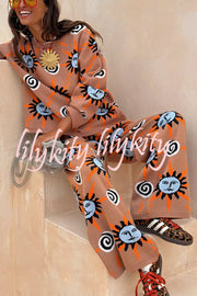 Mediterranean Art Knit Unique Sun Vortex Print Elastic Waist Wide Leg Pants