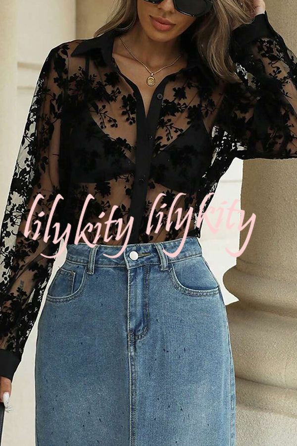 Fashion See-through Plant Lace Long Sleeve Loose Shirt