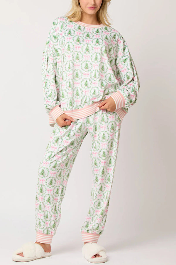 Christmas Print Loose Long-sleeved Top and Elastic Waist Casual Pants Set