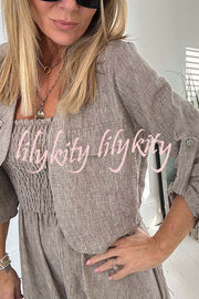 Solid Color Casual Short Jacket and Suspender Pleated Maxi Dress Set