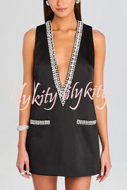 Elegant Demeanor Satin Gemstone Trim Deep V-Neck Tank H-line Mini Dress