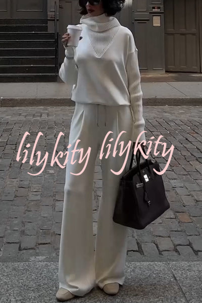Morning Coffee Walks Ribbed Turtleneck Long Sleeve Sweatshirt and Elastic Waist Pocketed Loose Pants Set