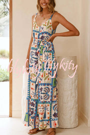 Unique Beach Vacation Print V-neck Suspenders Casual Wide-leg Jumpsuit