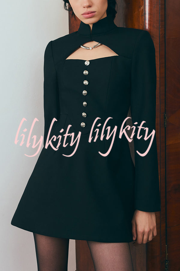 Elegant Long-sleeved Hollowed-out Button-down Slim-fit Mini Dress