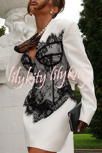 Saela Contrast Lace Corset Design V-neck Long Sleeve Tulip Mini Dress