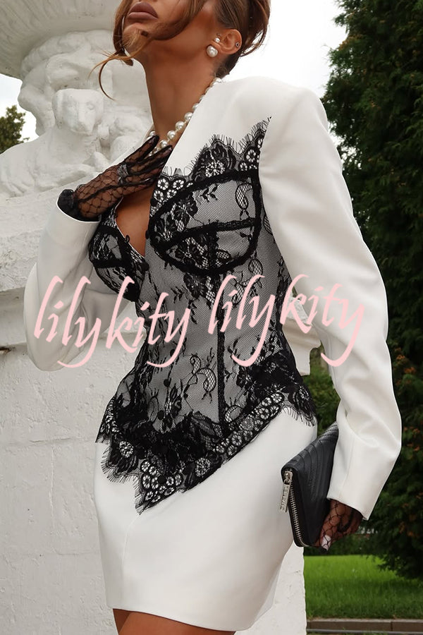 Saela Contrast Lace Corset Design V-neck Long Sleeve Tulip Mini Dress
