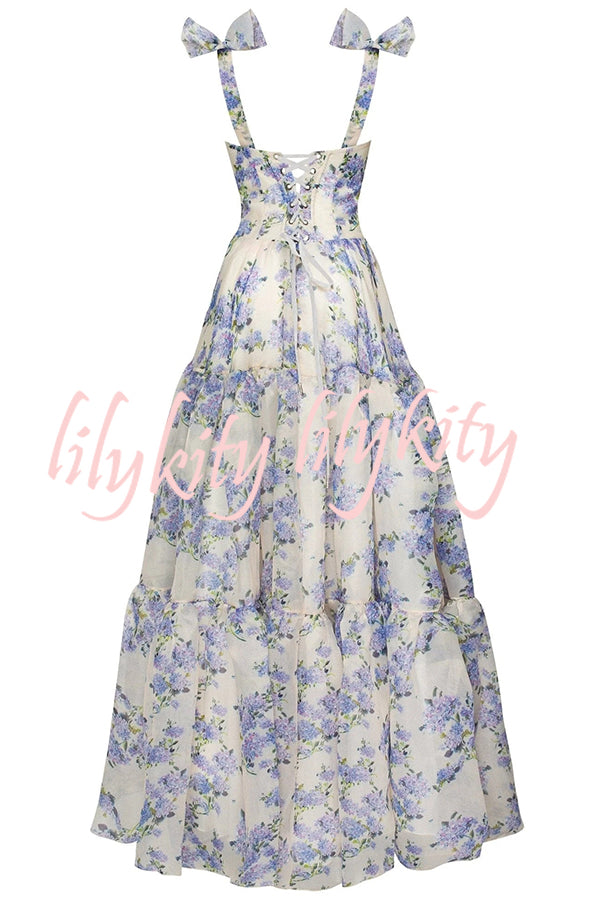 Fairytale Itself Organza Floral Print Tie Strap Maxi Dress