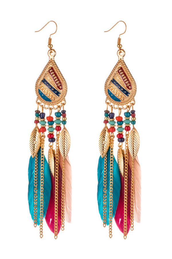 Boho Vintage Colorful Feather Tassel Dangle Drop Earrings