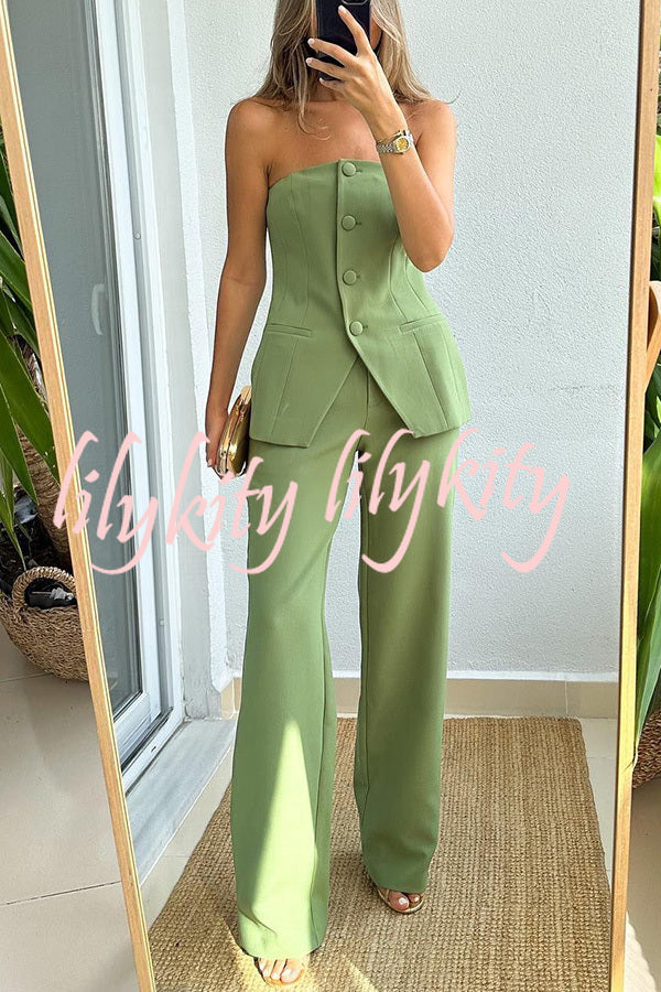 Extra Dose of Confidence Off Shoulder Button Top and Straight Pants Set