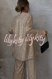 Party Scene Sequin Open Front Long Sleeve Drape Coat