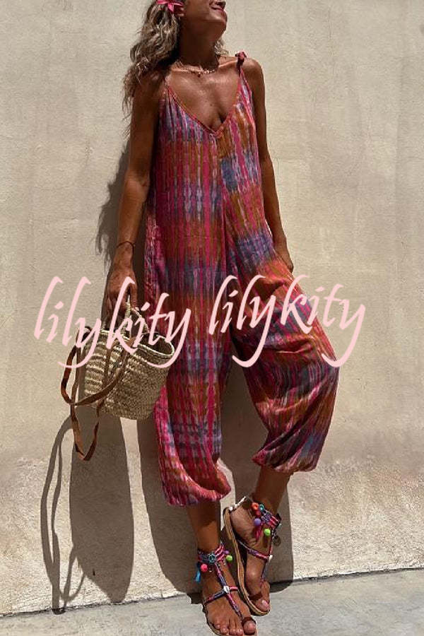 Brighton Beach Tie-dye Print Shoulder Tie Pocketed Loose Jumpsuit