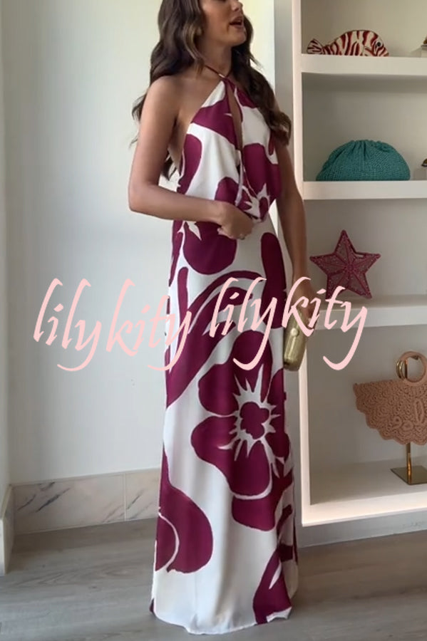 Leslie Flower Print Halter Cutout Cowl Neck Backless Maxi Dress