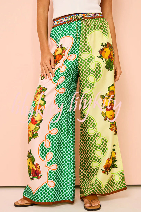 Enjoy Summer Lemon Satin Unique Print Elastic Waist Pocketed Wide Leg Pants