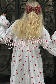 Cute Heart Print Puff Sleeve Loose Shirt Style Maxi Dress