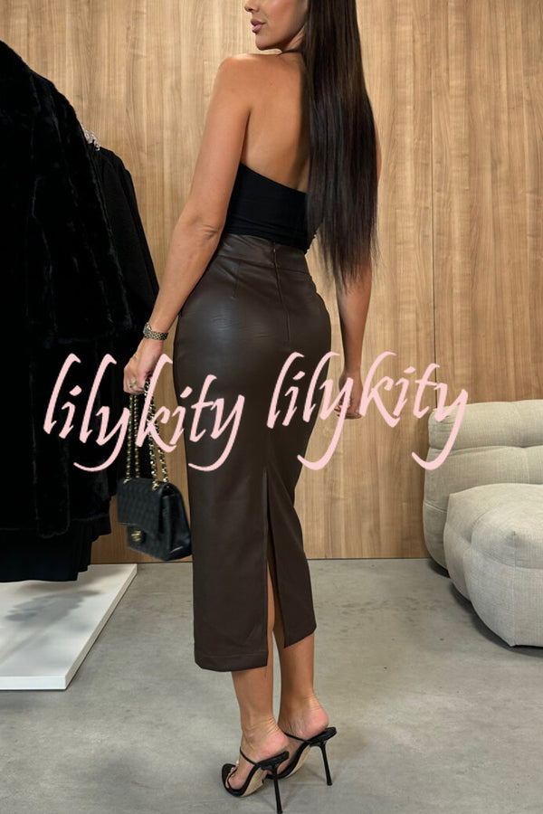 Lindsey Faux Leather High Rise Pocketed Slit Stretch Midi Skirt