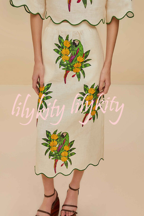 Parrot Print Round Neck Loose Crop Top and Elastic Waist Pocket Casual Midi Skirt Set