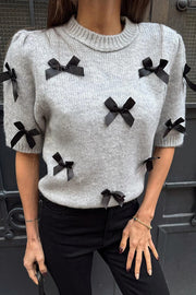 Stylish Bow Decoration Round Neck Puff Sleeve Casual Knit Sweater
