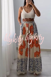 Unique Print Elastic High Waist Tie Pocket Holiday Style Wide Leg Pants