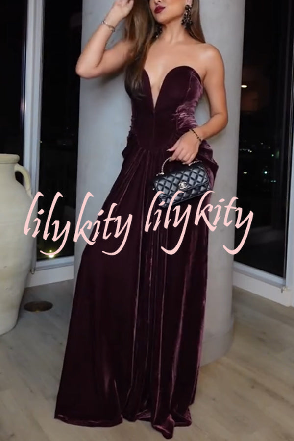 Paige Velvet Off Shoulder Side Pleated Hip Drape Maxi Dress