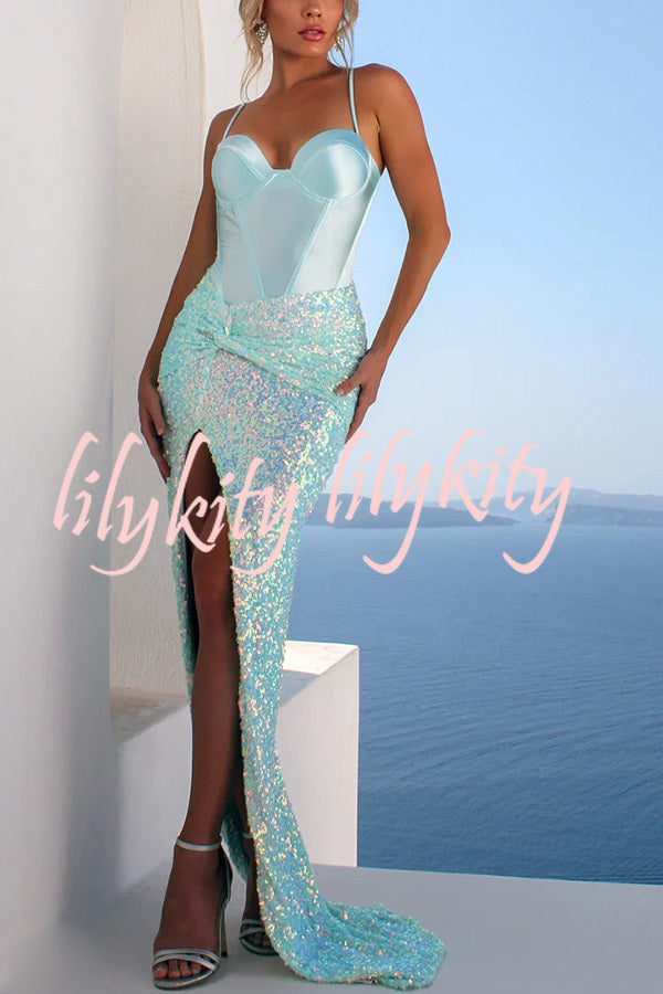 All about Glam Satin Corset Sequin Twist High Leg Split Maxi Dress