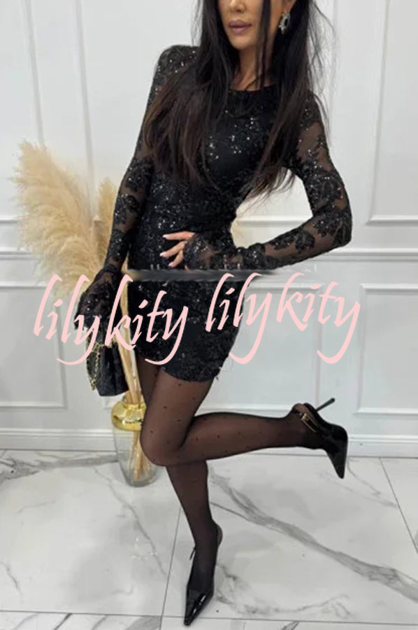 Deep and Dazzling Floral Texture Sequin Long Bell Sleeve Open Back Mini Dress