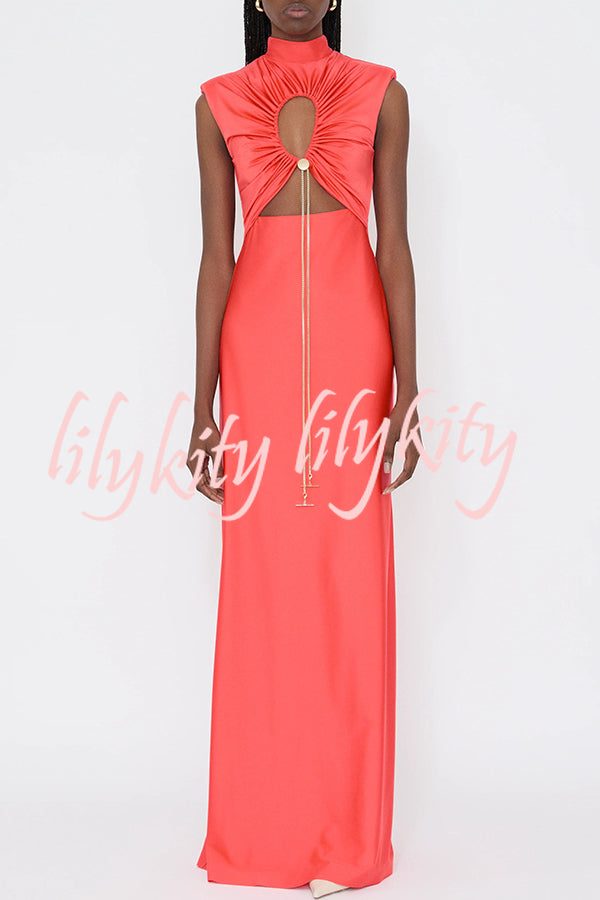 Genis Hollow Elastic Bust High Neck Sleeveless Gathered Maxi Dress
