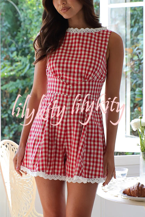 Plaid Print Sleeveless Pleated Waist Casual Rompers