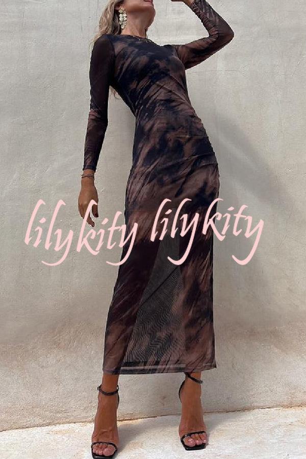 Charm Lady Mesh Overlay Tie Dye Print Long Sleeve Ruched Stretch Midi Dress