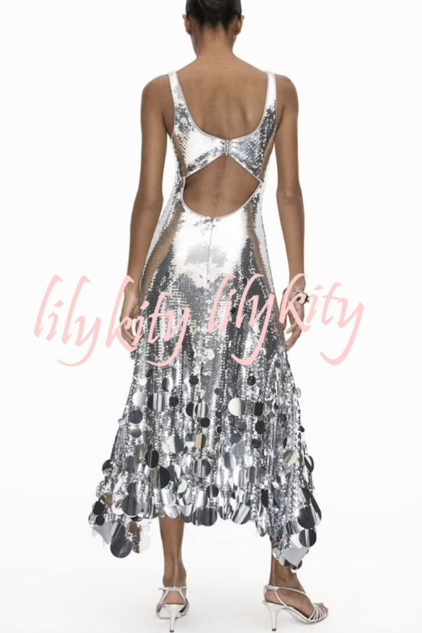 Party Tips Sequin Irregular Round Tassels Hem Back Cutout Tank Maxi Dress