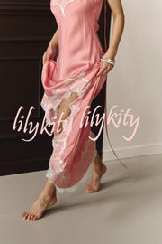 Breezy City Fall SatinLace Petal Trim Slip Tie-up H-line Slit Maxi Dress