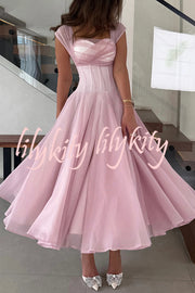 Elegant Sleeveless Waist-cinching Tulle Full-hem Maxi Dress