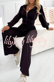 Solid Color Hooded Zip-up Jacket and Elastic Waist Pocket Wide-leg Pants Set