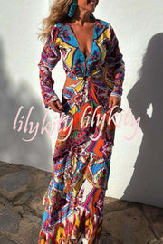 Colorful Day Unique Print Bell Sleeve Cutout Waist Layered Maxi Dress