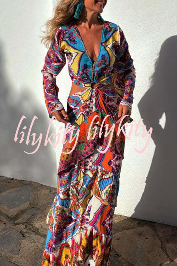 Colorful Day Unique Print Bell Sleeve Cutout Waist Layered Maxi Dress