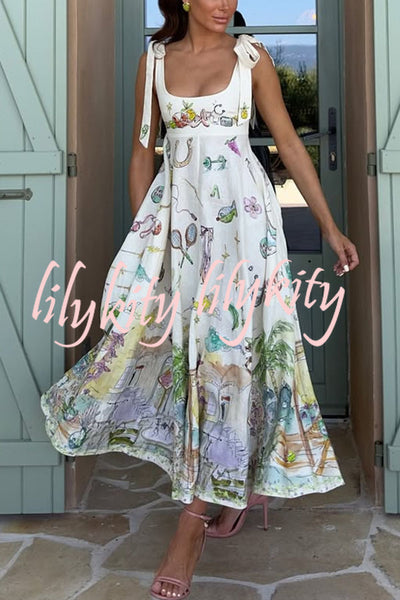 Euro Summer View Linen Blend Unique Print Tie-up Straps Pocket Midi Dress