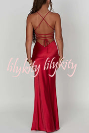 Satin Solid Color Sexy Backless Lace Up High Slit Maxi Dress