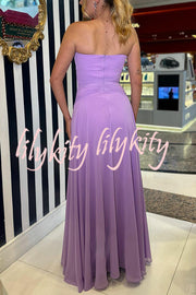 Lavender Scent Chiffon Ruched Strapless Removable Cape Maxi Dress