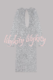 Ignite Sparkly Nights Sequin Extra Long Sleeve Open Back Loose Midi Dress