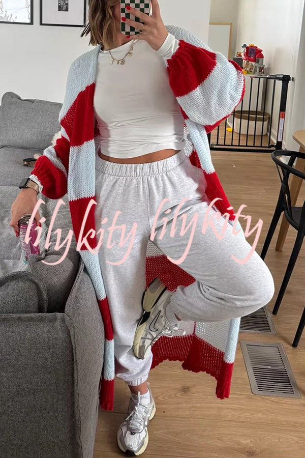 Fashionable Contrast Stripes Lazy Style Loose Long Knitted Cardigan