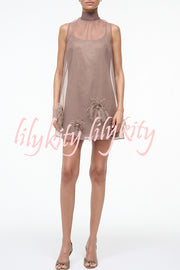 Playful Charm Sheer Chiffon Embellished Feather Back Bow H-line Mini Dress