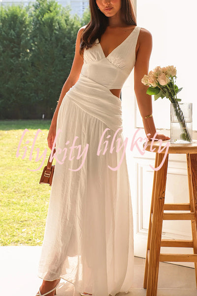 Solid Color V-neck Waist Hollow Slim Maxi Dress