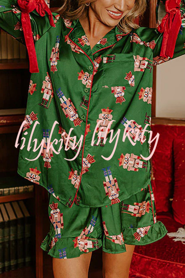 Christmas Dreaming Satin Nutcrackers Print Velvet Trim Elastic Waist Pocketed Pajama Shorts Set