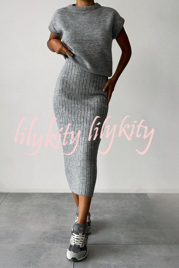 Triko Knit Short Sleeve Sweater and Stretch Ribbed Midi Skirt Set