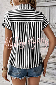 Striped Print Short Sleeve Pocket Shirt Top